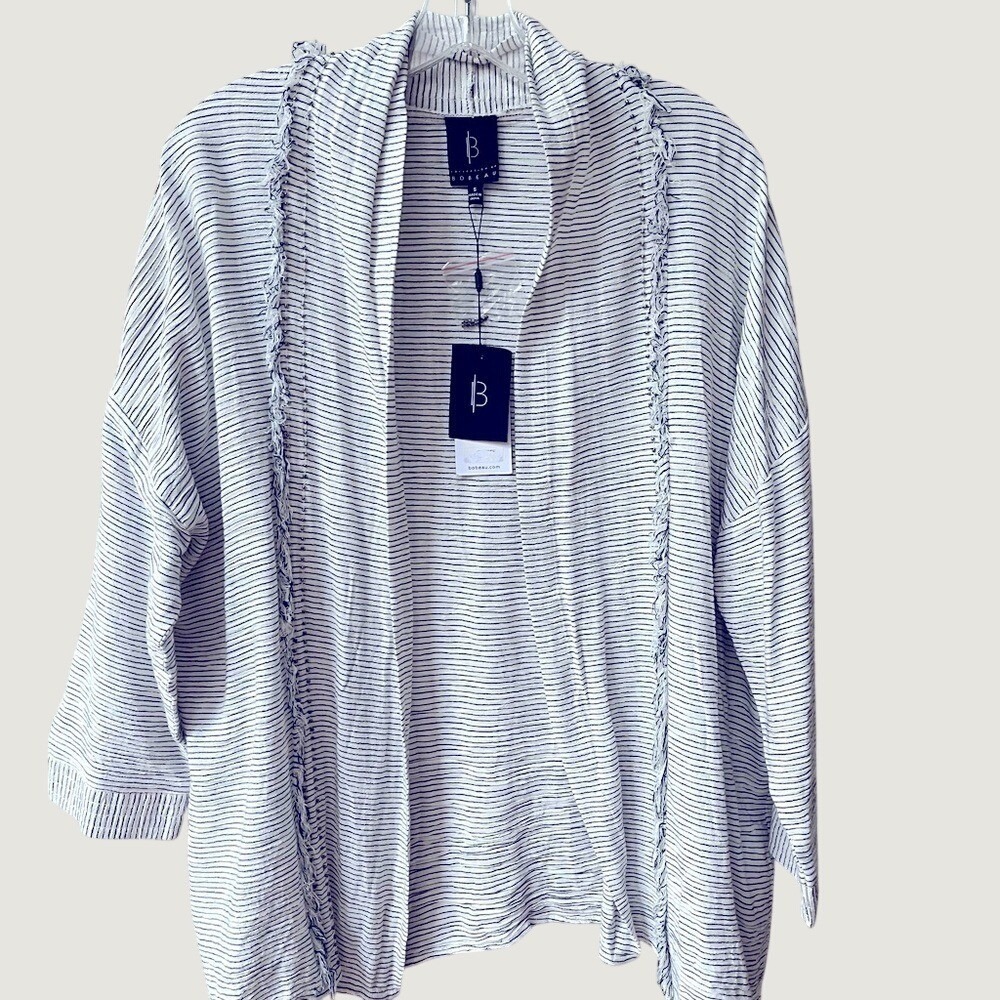 Bobeau Womens Small Open Front Cardigan Blue Cream Striped Fringe NWT